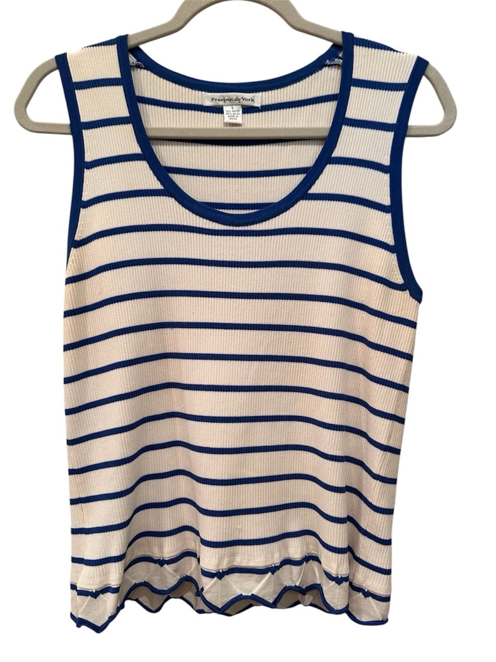 Preston & York Blue Cream Striped Ribbed Tank Decorative Hem Career Sz L